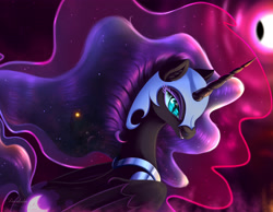 Size: 4188x3250 | Tagged: safe, artist:darksly, character:nightmare moon, character:princess luna, species:alicorn, species:pony, absurd resolution, blue eyes, digital art, ethereal mane, eyelashes, female, flowing mane, flowing tail, galaxy mane, helmet, horn, jewelry, mare, moon, open mouth, peytral, regalia, signature, slit pupils, smiling, solo, space, stars, wings