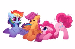 Size: 2467x1621 | Tagged: safe, artist:mirtash, character:pinkie pie, character:rainbow dash, character:scootaloo, species:earth pony, species:pegasus, species:pony, crying, cute, ear fluff, prone, scootalove, sitting, tears of joy, trio