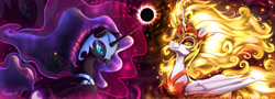 Size: 9000x3250 | Tagged: safe, artist:darksly, character:daybreaker, character:nightmare moon, character:princess celestia, character:princess luna, species:alicorn, species:pony, absurd resolution, duo, eclipse, ethereal mane, female, galaxy mane, mane of fire, mare, solar eclipse
