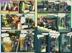Size: 2160x1584 | Tagged: safe, artist:firefanatic, community related, character:arizona cow, character:granny smith, species:cow, species:earth pony, species:pony, comic:friendship management, them's fightin' herds, basket, blushing, calf, chair, comic, crossover, dialogue, door, embarrassed, food, implied applejack, implied twilight sparkle, kitchen, knocking, licking, licking lips, milk, nervous, offscreen character, pie, rug, seat, sink, throwing, tongue out, what is hoo-man, window