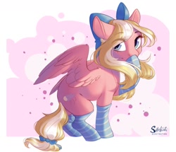 Size: 1279x1100 | Tagged: safe, artist:silentwulv, oc, oc only, oc:bay breeze, species:pegasus, species:pony, bow, clothing, female, hair bow, mare, pegasus oc, socks, solo, striped socks, wings