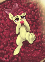 Size: 3250x4500 | Tagged: safe, artist:darksly, character:apple bloom, species:earth pony, species:pony, adorabloom, american beauty, apple, blushing, bow, cute, ear fluff, female, filly, food, frog (hoof), hair bow, high res, hoof hold, hoofbutt, leg fluff, looking at you, on back, solo, underhoof
