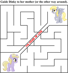 Size: 956x1024 | Tagged: safe, artist:durpy, artist:tawaki, character:derpy hooves, character:dinky hooves, species:pegasus, species:pony, species:unicorn, cute, derpabetes, dinkabetes, equestria's best daughter, equestria's best mother, female, filly, mare, maze, text, the power of love, unconventional solution, wormhole