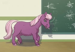 Size: 1280x897 | Tagged: safe, artist:haretrinity, character:cheerilee, species:earth pony, species:pony, adult blank flank, chalk, chalkboard, female, headcanon in the description, hoers, mare, missing cutie mark, mouth hold, realistic, shetland pony, solo