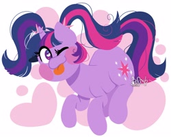 Size: 3699x2957 | Tagged: safe, artist:befishproductions, character:twilight sparkle, character:twilight sparkle (unicorn), species:pony, species:unicorn, ;p, alternate hairstyle, blushing, cute, female, heart eyes, mare, one eye closed, pigtails, solo, tongue out, twiabetes, wingding eyes, wink