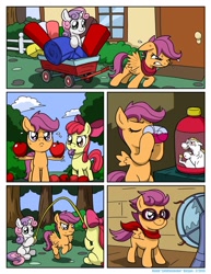 Size: 1276x1650 | Tagged: safe, artist:latecustomer, character:apple bloom, character:bulk biceps, character:scootaloo, character:sweetie belle, species:pegasus, species:pony, comic:dreams and reality, apple, clothing, comic, cutie mark crusaders, dreams and reality, fan, goggles, horse collar, jump rope, scarf, scootaloo can't fly, training