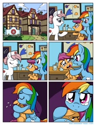 Size: 1276x1650 | Tagged: safe, artist:latecustomer, character:nurse redheart, character:rainbow dash, character:scootaloo, species:earth pony, species:pegasus, species:pony, comic:dreams and reality, bad end, comic, crying, dreams and reality, eyes closed, feels, female, harsher in hindsight, hospital, looking at each other, mare, open mouth, sad, scootaloo can't fly, scootalove, tearjerker