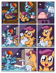 Size: 1276x1650 | Tagged: safe, artist:latecustomer, character:rainbow dash, character:scootaloo, species:pegasus, species:pony, comic:dreams and reality, bed, cloud, comic, cute, cutealoo, dreams and reality, duo, female, filly, happy, kettle, mare, sad, scootaloo can't fly, scootalove, scooter, steam