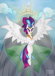 Size: 912x1270 | Tagged: safe, artist:virenth, character:queen novo, species:hippogriff, g4, my little pony: the movie (2017), angry, female, jewelry, looking at you, mount aris, regalia, solo, spread wings, watermark, wings