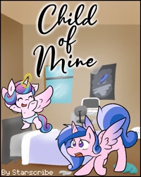 Size: 821x1024 | Tagged: safe, artist:zutcha, character:princess flurry heart, oc, species:alicorn, species:pony, fanfic:child of mine, bed, bedroom, colored wings, crouching, fanfic, fanfic art, fanfic cover, female, filly, foal, gradient wings, human to pony, implied transformation, implied transgender transformation, male to female, mare, open mouth, rule 63, transformed, wings
