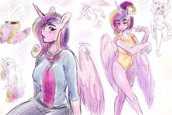 Size: 3000x2000 | Tagged: safe, artist:kaikururu, character:princess cadance, species:alicorn, species:anthro, species:plantigrade anthro, species:pony, bodysuit, breasts, clothing, eyes closed, female, floating heart, hair bun, heart, jewelry, locket, mare, milf, mug, necklace, ring, signature, sketch, sketch dump, sketch page, solo, sweater, traditional art