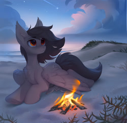Size: 3094x3000 | Tagged: safe, artist:tomatocoup, oc, oc only, oc:santanna, species:pegasus, species:pony, beach, campfire, looking up, lying down, night, prone, sand, sea turtle, solo, turtle, wing blanket, wings