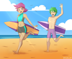 Size: 3056x2500 | Tagged: safe, artist:riouku, character:scootaloo, character:spike, species:human, species:pegasus, species:pony, ship:scootaspike, barefoot, beach, belly button, clothing, commission, feet, female, high res, humanized, male, midriff, shipping, shorts, sports shorts, straight, summer, surfing, swimsuit, tankini