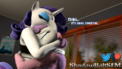 Size: 2880x1620 | Tagged: safe, artist:shadowboltsfm, character:rarity, character:sweetie belle, species:anthro, species:plantigrade anthro, 3d, belle sisters, comforting, crying, cute, dawwww, dialogue, eyelashes, eyes closed, eyeshadow, female, hug, makeup, nail polish, sfm pony, siblings, sisterly love, sisters, source filmmaker, wholesome