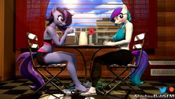 Size: 3840x2160 | Tagged: safe, artist:shadowboltsfm, oc, oc:aurora starling, oc:raven storm, species:anthro, species:plantigrade anthro, 3d, 4k, barefoot, blushing, bra, breasts, clothing, curtains, cute, eyelashes, feet, female, flip-flops, foot fetish, footsie, glasses, high res, kettle, looking away, nail polish, sandals, shorts, sitting, smiling, source filmmaker, table, underwear