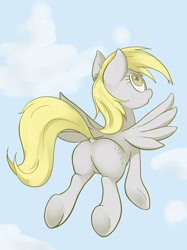 Size: 1535x2048 | Tagged: safe, artist:noupu, character:derpy hooves, species:pegasus, species:pony, bubble butt, butt, cute, derpabetes, dock, featureless crotch, female, flying, mare, plot, sky, solo, spread wings, wings
