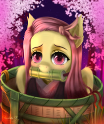 Size: 3250x3875 | Tagged: safe, artist:darksly, character:flutterbat, character:fluttershy, species:bat pony, species:pegasus, species:pony, alternate hairstyle, anime, barrel, basket, bat ponified, bit gag, cherry blossoms, clothing, crossover, demon slayer, ear fluff, female, flower, flower blossom, gag, kimetsu no yaiba, kimono (clothing), looking at you, mare, mouth hold, nezuko kamado, pony in a basket, race swap, red eyes, solo, three quarter view, wings