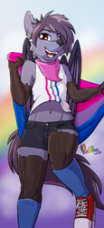 Size: 739x1600 | Tagged: safe, artist:punk-pegasus, oc, oc only, oc:nyn indigo, species:anthro, species:bat pony, bandana, bat wings, belly button, bisexual pride flag, clothing, converse, femboy, male, midriff, original species, pride, pride flag, rainbow, shoes, shorts, smiling, socks, solo, species swap, tank top, timber pony, timber wolf, wings