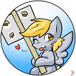 Size: 648x647 | Tagged: safe, artist:zutcha, character:derpy hooves, species:pegasus, species:pony, cute, derpabetes, female, food, heart, mare, muffin, one eye closed, sign, signature, simple background, solo, sticker, tongue out, transparent background, wink