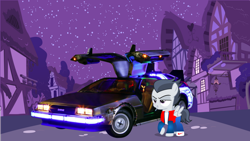 Size: 2500x1406 | Tagged: safe, artist:chrzanek97, artist:jawsandgumballfan24, character:rumble, species:pegasus, species:pony, back to the future, car, clothing, colt, delorean, dmc delorean, foal, male, marty mcfly, night, nike, nike shoes, ponyville, shoes, sneakers, solo
