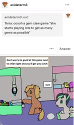 Size: 738x1246 | Tagged: safe, artist:ask-luciavampire, oc, species:dracony, species:dragon, species:earth pony, species:pony, ask, claw machine, hybrid, tumblr, tumblr:ask-the-pony-gamers