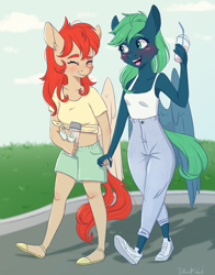 Size: 2200x2800 | Tagged: safe, artist:silbersternenlicht, oc, oc only, oc:emerald, oc:firefly, species:anthro, species:pegasus, species:pony, blushing, clothing, duo, eyes closed, front knot midriff, high res, holding hands, midriff, open mouth, smiling, tank top