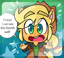 Size: 1124x1024 | Tagged: safe, artist:thegreatrouge, character:applejack, species:anthro, species:earth pony, species:pony, my little pony:pony life, clothing, dialogue, female, fourth wall, hat, implied pinkie pie, open mouth, solo, speech bubble