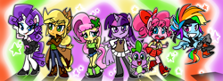 Size: 2824x1024 | Tagged: safe, artist:thegreatrouge, character:applejack, character:fluttershy, character:pinkie pie, character:rainbow dash, character:rarity, character:spike, character:twilight sparkle, character:twilight sparkle (alicorn), character:twilight sparkle (eqg), species:alicorn, species:anthro, species:eqg human, species:pony, my little pony:equestria girls, my little pony:pony life, ambiguous facial structure, armpits, mane six, redraw