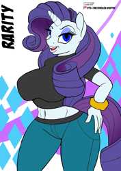 Size: 2048x2896 | Tagged: safe, artist:skyline19, character:rarity, species:anthro, species:plantigrade anthro, species:pony, species:unicorn, breasts, busty rarity, clothing, curvy, female, jeans, looking at you, midriff, pants, shirt, short shirt, smiling, solo, t-shirt, wristband