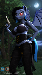 Size: 2160x3840 | Tagged: safe, artist:shadowboltsfm, oc, oc:midnight grave, species:anthro, species:bat pony, species:plantigrade anthro, 3d, 4k, bat pony oc, bat wings, black nail polish, breasts, clothing, gun, hand on hip, looking at you, moon, night, smiling, source filmmaker, standing, weapon, wings