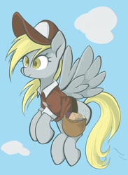Size: 1498x2048 | Tagged: safe, artist:noupu, character:derpy hooves, species:pegasus, species:pony, bag, cloud, female, flying, mailmare, mare, saddle bag, sky, solo, spread wings, wings
