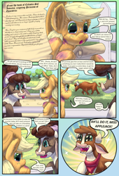 Size: 1080x1584 | Tagged: safe, artist:firefanatic, character:applejack, character:arizona cow, species:cow, species:earth pony, species:pony, comic:friendship management, them's fightin' herds, accent, applejack's hat, arizonadorable, bruised, clothing, comic, cowboy hat, crossover, cute, dialogue, excited, female, fence, field, fluffy, frustrated, grass, hat, letter, mare, minnesota (tfh), smiling, speech bubble, texas (tfh), what is hoo-man, y'all