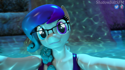 Size: 3840x2160 | Tagged: safe, artist:shadowboltsfm, oc, oc:aurora starling, species:anthro, species:plantigrade anthro, g4, 3d, 4k, bra, clothing, cute, eyelashes, female, glasses, heterochromia, hug, looking at you, offscreen character, pov, smiling, solo, source filmmaker, swimming pool, underwear, wet