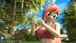 Size: 3840x2160 | Tagged: safe, artist:shadowboltsfm, oc, oc:atari, species:anthro, species:plantigrade anthro, g4, 3d, 4k, adorasexy, big breasts, bra, breasts, clothing, cute, eyelashes, heart hands, looking at you, sexy, sfm pony, smiling, source filmmaker, sports bra