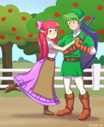 Size: 2500x3056 | Tagged: safe, artist:riouku, character:apple bloom, character:spike, species:human, ship:spikebloom, g4, apple, apple tree, clothing, commission, cosplay, costume, female, humanized, link, male, malon, shield, shipping, straight, sweet apple acres, sword, the legend of zelda, tree, weapon