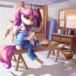 Size: 1600x1600 | Tagged: safe, artist:saxopi, oc, oc only, oc:camo raderie, species:pegasus, species:pony, g4, basket, bench, clothing, female, jeans, looking at you, looking back, mare, notebook, pants, ripped jeans, solo
