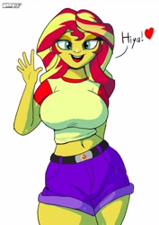 Size: 2896x4096 | Tagged: safe, artist:skyart301, artist:skyline19, character:sunset shimmer, species:eqg human, g4, my little pony:equestria girls, belly button, big breasts, breasts, busty sunset shimmer, clothing, female, looking at you, midriff, shirt, shorts, simple background, smiling at you, solo, t-shirt, waving, white background