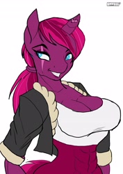 Size: 2896x4096 | Tagged: safe, artist:skyart301, artist:skyline19, character:tempest shadow, species:anthro, species:pony, species:unicorn, g4, abs, alternate hairstyle, aside glance, breasts, broken horn, busty tempest shadow, cleavage, clothing, female, horn, jacket, looking at you, looking sideways, midriff, muscles, muscular female, open jacket, palindrome get, ponytail, scar, smiling, solo, tank top, temple shadow