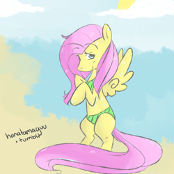 Size: 500x500 | Tagged: safe, artist:pegacornss, character:fluttershy, species:pony, 30 minute art challenge, bikini, bipedal, clothing, female, solo, swimsuit