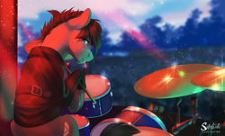 Size: 1725x1044 | Tagged: safe, artist:silentwulv, oc, oc only, species:earth pony, species:pony, g4, audience, clothing, concert, crowd, drum kit, drummer, drums, drumsticks, male, musical instrument