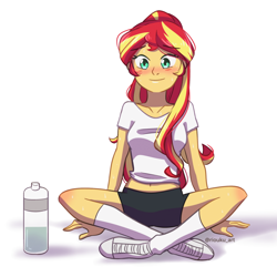 Size: 900x900 | Tagged: safe, artist:riouku, character:sunset shimmer, species:eqg human, g4, my little pony:equestria girls, adorasexy, belly button, blushing, clothing, crossed legs, cute, female, midriff, sexy, shimmerbetes, shirt, simple background, smiling, solo, water bottle, white background