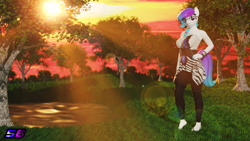 Size: 3840x2160 | Tagged: safe, artist:shadowboltsfm, oc, oc only, oc:aurora starling, species:anthro, species:plantigrade anthro, g4, 3d, 4k, barefoot, beautiful, blender, bracelet, breasts, cute, feet, glasses, grass, hand on hip, heel pop, jewelry, lens flare, looking at you, pond, smiling, standing, sun ray, sunset, wallpaper