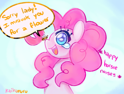 Size: 2405x1824 | Tagged: safe, artist:kaikururu, character:pinkie pie, species:earth pony, species:pony, g4, bee, blue background, crying, cute, descriptive noise, dialogue, diapinkes, female, happy, horse noises, insect, mare, open mouth, profile, simple background, smiling, solo, speech bubble, tears of joy
