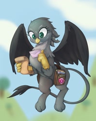 Size: 1622x2048 | Tagged: safe, artist:noupu, character:gabby, species:griffon, g4, bag, blurred background, cute, cutie mark crusaders patch, female, flying, gabbybetes, letter, saddle bag, scroll, solo
