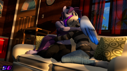 Size: 3840x2160 | Tagged: safe, artist:shadowboltsfm, oc, oc:inkwell stylus, oc:raven storm, species:anthro, species:plantigrade anthro, g4, 3d, 4k, barefoot, bra, breasts, clothing, couch, cute, dawwww, eyes closed, feet, hug, jeans, pants, pillow, smiling, source filmmaker, sweater