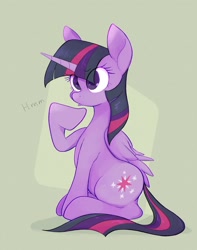 Size: 1616x2048 | Tagged: safe, artist:noupu, character:twilight sparkle, character:twilight sparkle (alicorn), species:alicorn, species:pony, g4, cute, eye clipping through hair, female, mare, raised leg, sitting, solo, thinking, twiabetes