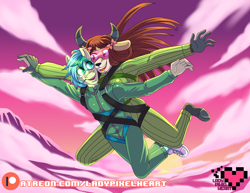 Size: 4400x3400 | Tagged: safe, artist:ladypixelheart, character:sandbar, character:yona, species:anthro, ship:yonabar, g4, clothing, commission, falling, female, goggles, harness, jumpsuit, male, parachute, patreon, patreon logo, shipping, sky, skydiving, straight, tack