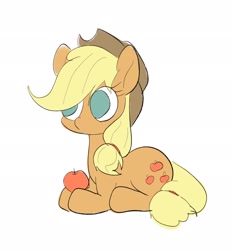 Size: 1904x2048 | Tagged: safe, artist:noupu, character:applejack, species:earth pony, species:pony, g4, apple, cute, female, food, jackabetes, mare, no catchlights, no pupils, prone, simple background, solo, white background