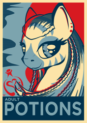 Size: 1050x1485 | Tagged: safe, artist:virenth, oc, oc:virenth, species:zebra, comic:virenth mixtures emporium, g4, braid, explicit series, female, hope poster, looking at you, piercing, poster, solo