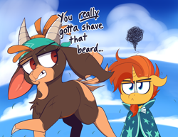 Size: 2648x2048 | Tagged: safe, artist:dragonpone, community related, derpibooru original, character:shanty, character:sunburst, species:goat, species:pony, species:unicorn, them's fightin' herds, g4, bandana, beard, bruh, chest fluff, clothing, cloud, cloven hooves, dialogue, duo, facial hair, female, floppy ears, gap teeth, goatee, grass, horns, hypocrisy, hypocritical humor, lidded eyes, looking back, male, pot calling the kettle black, raised hoof, robe, scar, sky, stallion, sunburst is not amused, sunburst's robe, unamused